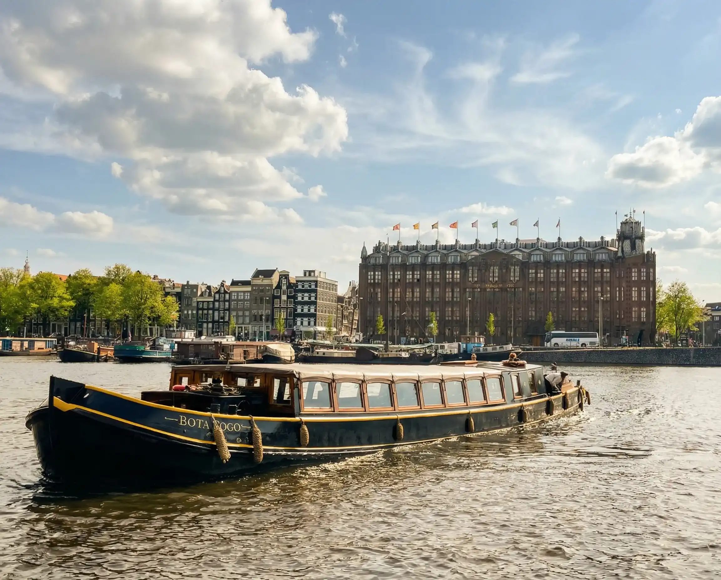 Groep aan boord van een schip op het water in Amsterdam